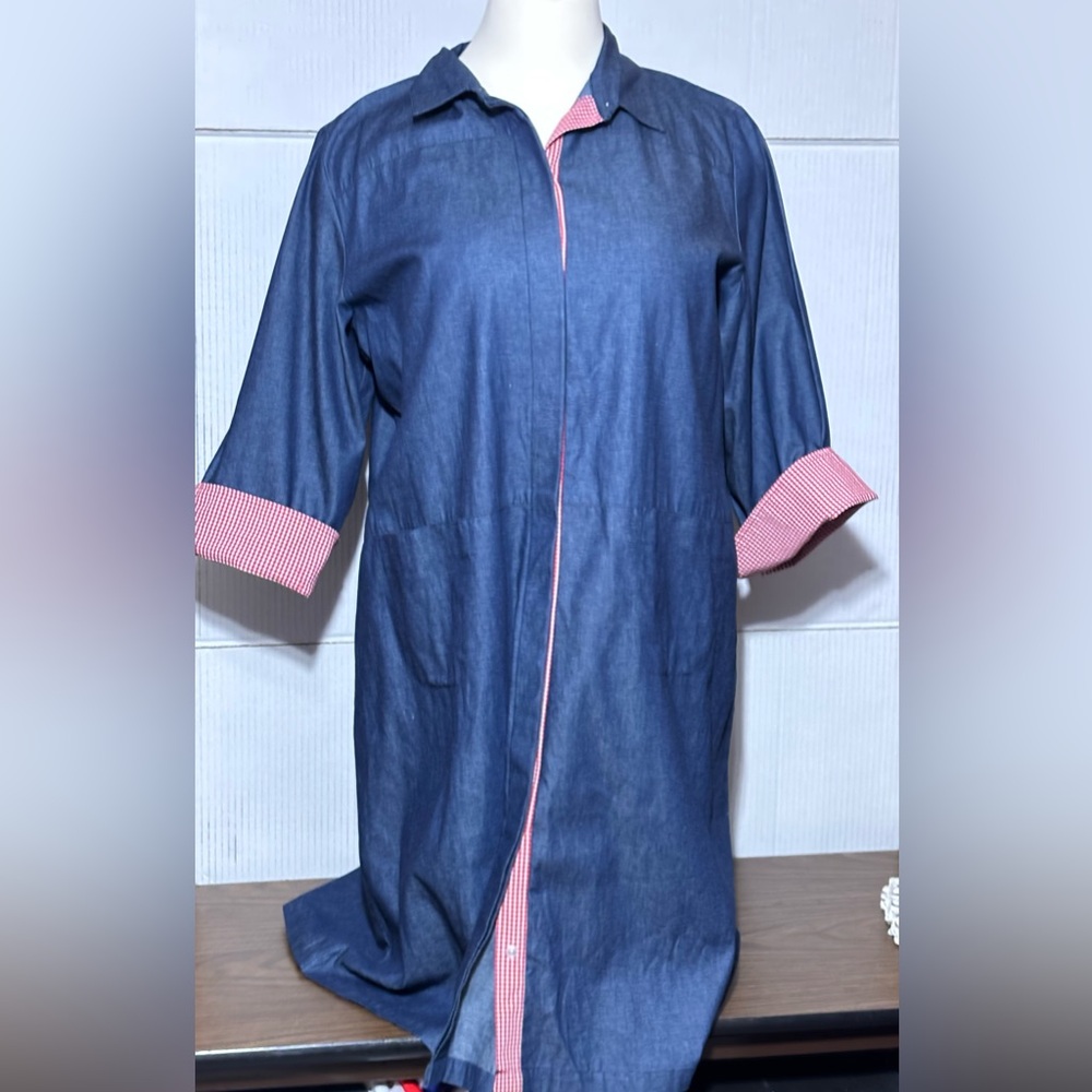 Style Studio 3X 100% cotton denim look dress 3/4 L sleeve w/red w/gingham cuffs